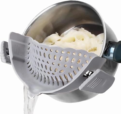 Clip On Strainer Silicone for All Pots and Pans, Pasta Strainer Clip on Food Strainer for Meat Vegetables Fruit Silicone Kitchen Colander (Grey)