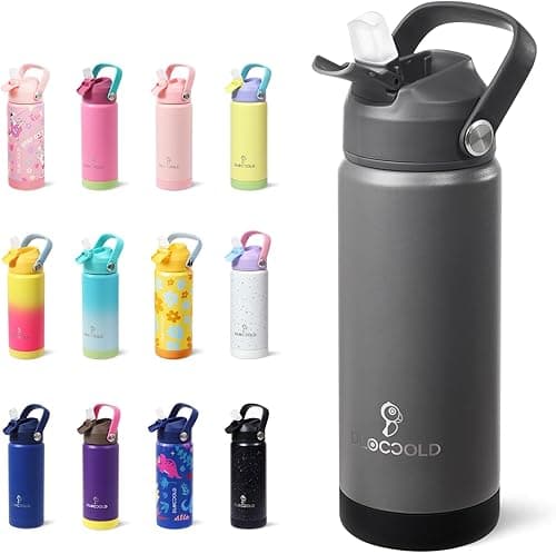 DLOCCOLD Kids Insulated Water Bottle with Leak Proof Straw Lid, Double Wall Vacuum Stainless Steel Water Bottle with Silicone Boot, Reusable Tumbler for Travel, Boys, Girls