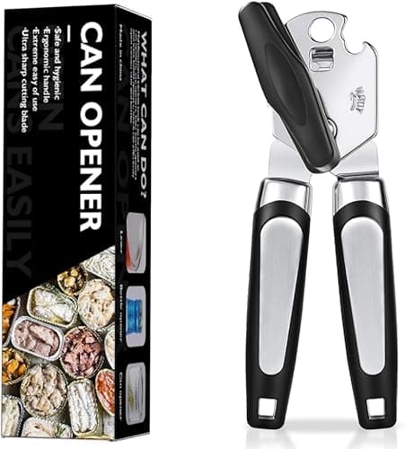 Multifunctional Stainless Steel Manual Can Opener and Bottle Opener, Heavy Duty Hand Held Can Opener with Easy Turn Knob, Sharp Blade Smooth Edge, Good Grips Kitchen Tool for Seniors (Black Silver)