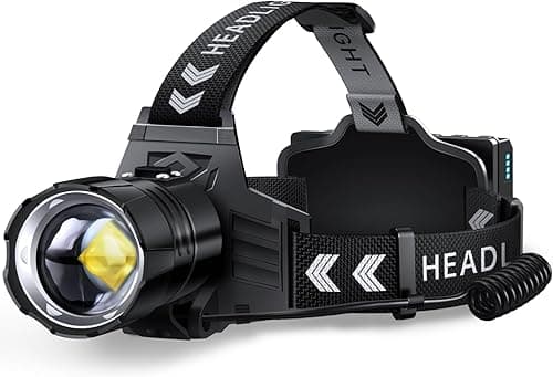 FINICO Rechargeable LED Headlamp 990000 High Lumens, 95 Hours Long Lasting Head Light with Zoomable & IPX7 Waterproof & 12 Modes & 125° Adjustable, Powerful Head Lamp for Outdoor, Camping, Hardhat