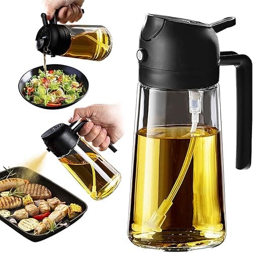 16oz/470ml Glass Olive Oil Sprayer for Cooking - 2 in 1 Olive Oil Dispenser for Kitchen Gadgets, Air Fryer, Salad, and BBQ (black)