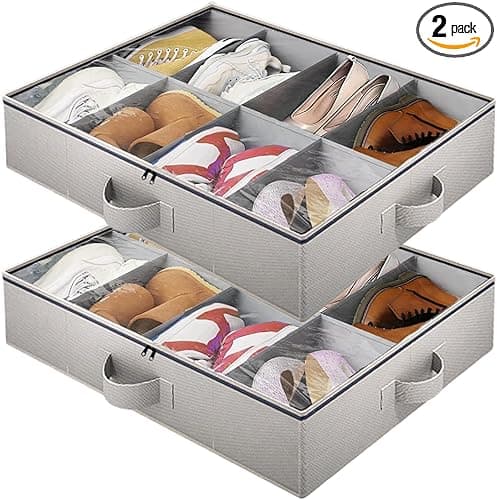 2pack Under Bed Shoe Organizer Storage- Sturdy Closet Shoe Storage Bins Collapsible Fabric Underbed Shoe Containers with Bottom Support and Clear Window, Fits 16 Pairs