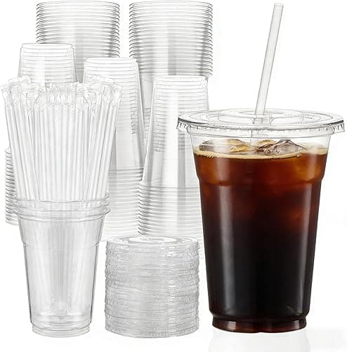 100 Pack 16 oz Clear Plastic Cups with Lids and Straws, [Leak-Proof & Crack-Resistant] Disposable Iced Coffee Cups for Smoothies, Bubble Tea, Juice and Cold Drinks, BPA Free