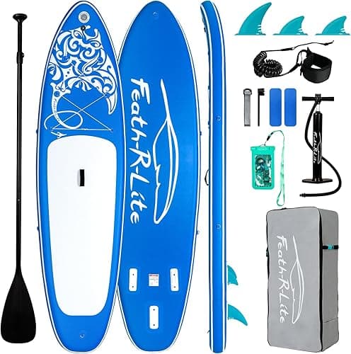 FEATH-R-LITE Inflatable Paddle Board Stand Up Paddleboards for Adults SUP with Premium Accessories Pump, Adjustable Paddle, Leash, Three Fins, Backpack