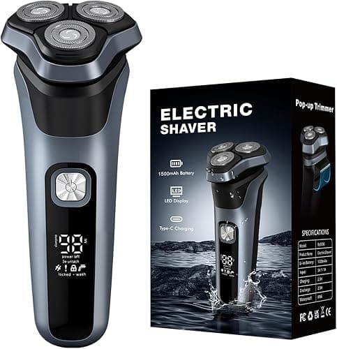 Electric Shavers for Men, 150-Min Runtime, Wet/Dry Electric Razor with Waterproof Design, Pop-Up Trimmer, Magnetic Detachable Blade Heads, LED Display, Smoothly Adheres to Sensitive Skin, Blue