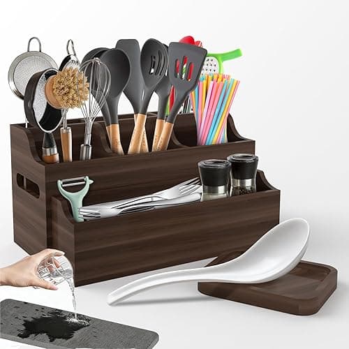 2-in-1 Large Wooden Utensil Holder for Kitchen Counter - Modular Stackable Cooking Utensil Organizer with Diatomite Absorbent Mat & Spoon Rest - Wall Mount Spatula Caddy & Silverware Storage
