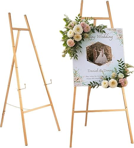 Gold Easel Stand for Wedding Signs, Heavy Duty Easel Stand with Ajustable Chain, Metal Display Easel for Art, Welcome Signs, Posters, Pictures, Paintings