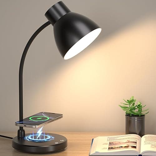 Desk Lamp for Home Office - LED Desk Lamp with Wireless Charger, 3 Color Modes Dimmable Eye-Caring Study Reading Desk Light, Small Flexible Arm Table Lamp for College Dorm Room Bedside, Black