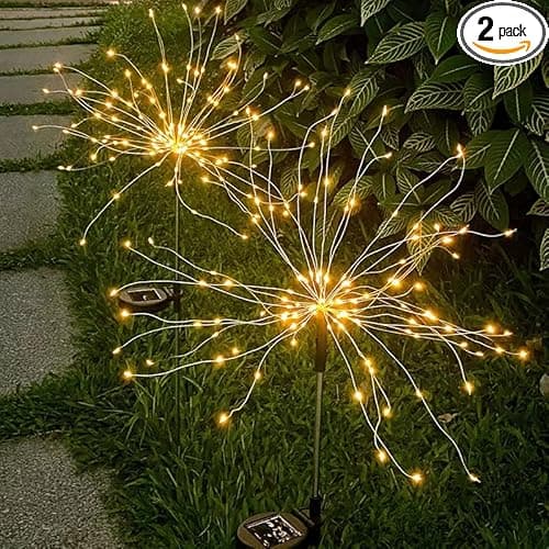 Solar Firework Lights 2Pcs Garden Lights Outdoor Waterproof, 120 LED with 8 Modes Twinkling and Steady-On, Festive daysStarburst Lights for Path, Patio, Yard (Warm White)