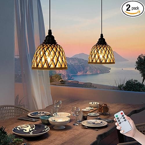 2 Pack Bamboo Chandelier/Dimmer, Waterproof Outdoor Pendant Light for Patio/Gazebo, Hand-Woven Boho Style, Battery Operated (No Wiring)