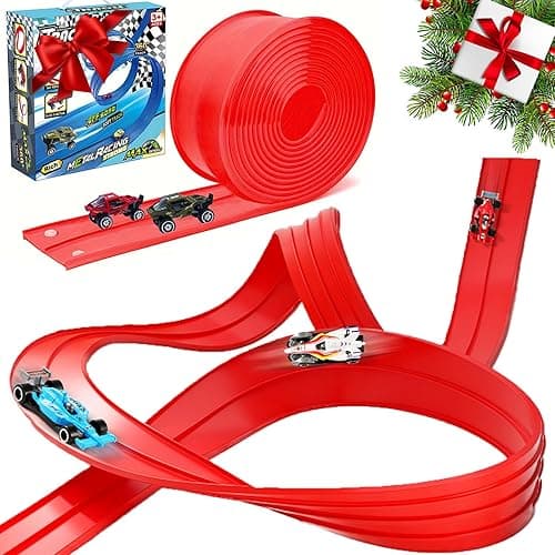 Valentines Day Gifts for Kids - Flex Tracks 16.4 Ft Starter Set Flexible Race Track for Kids, Race Car Ramp Track Compatible with Hot Wheels and Diecast 1/64th Cars, with Strong Suction Cups (Red)