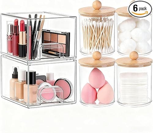 6 Pack Clear Stackable Storage Drawers & Qtip Holder Dispenser with Bamboo Lids, Clear Plastic Storage Containers for Bathroom, Vanity, Undersink, Kitchen Cabinets, Pantry, Home Organization