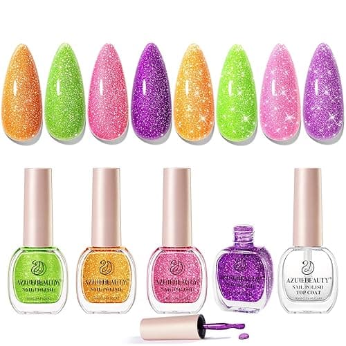 AZUREBEAUTY Nail Polish Set, 4 Colors Shimmer Glitter Neon Pink Orange Green Purple Spring Summer Long Lasting Quick Dry Natural Fingernail Lacquer Strengthening Kit with Top Coat DIY Salon