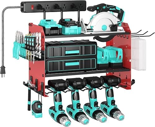 3 Layer Heavy Duty Power Tool Organizer Wall Mount with Charging Station, Adjustable Metal Storage Rack, 6 Outlets Power Strip, Drill Holders, Hooks & Drill Bit Rack for Garage, Workshop, Red