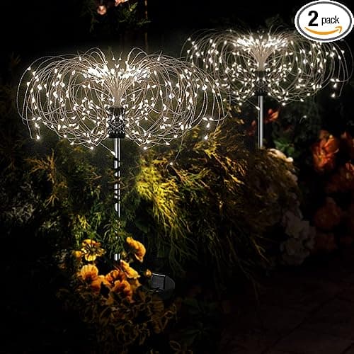 2 Packs of Outdoor Solar Garden Lights， Solar Flower Firework Lights, Waterproof Updated 120LED, Suitable for Garden Terrace Courtyard Lawn Party, Wedding Christmas Decoration (Warm White)