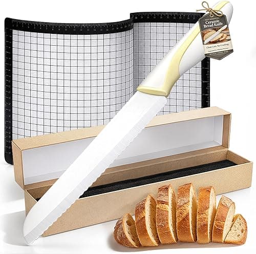 Bread Knife Set, Ceramic 7.6” Serrated Sourdough Bread Slicer with Cover & Measuring Baking Mat, Lightweight Cutter for Homemade Bread & Artisan Loaves