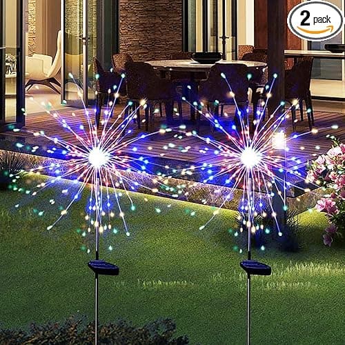 Solar Firework Lights 2Pcs Garden Lights Outdoor Waterproof, 120 LED with 8 Modes Twinkling and Steady-On, Festive daysStarburst Lights for Path, Patio, Yard (Colorful)