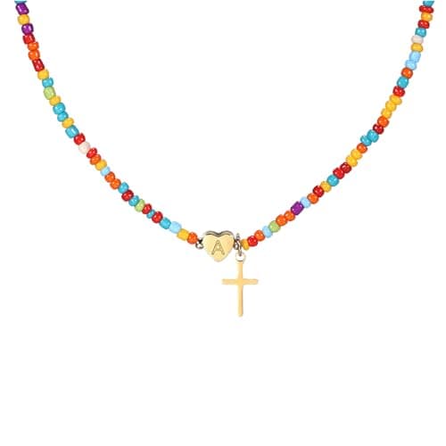 ifrofro Colorful Initial Cross Necklace for Girls Women Kids - Teen Girls Gifts Trendy Stuff Beaded Letter Cross Choker Necklace for Girls Gifts Jewelry