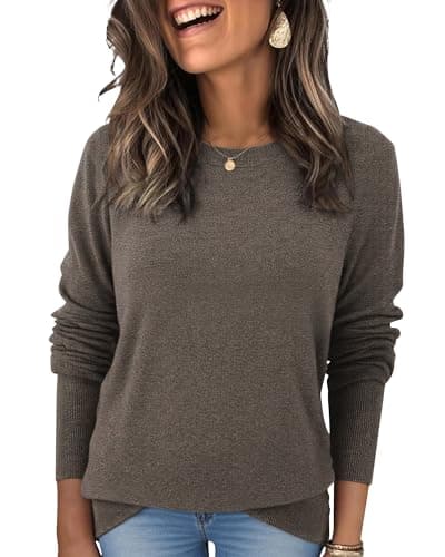 Womens Wool Blend Pullover Sweaters Crew Neck Classic Dressy Elegant Long Sleeve Fall Winter Sweater Top Coffee