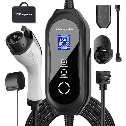 EVCompanion Level 1 & Level 2 EV Charger - 16A Adjustable Current, Timer Function | 110V-240V, 21FT Cable | Compatible with All SAE J1772 EVs/PHEVs | NEMA 6-20 Plug & 5-15 Adapter