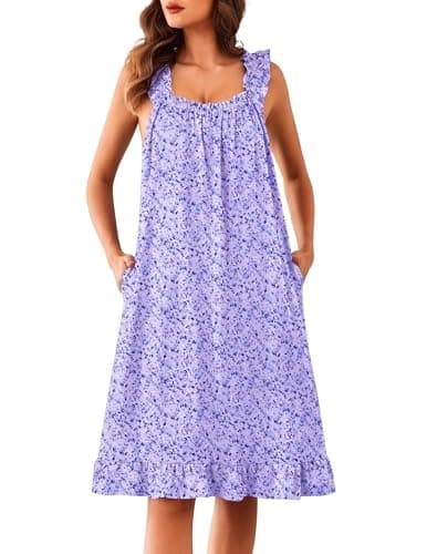 Ekouaer Nightgowns for Women Ruffle Cute Night Gowns House Dresses with Pockets Tank Victorian Dress Blue Dots S