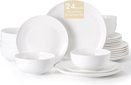 KINGSTONE Bone China Dinnerware Sets, 24-Piece Dinnerware Set for 8, Lightweight Durable, Microwave and Dishwasher Safe, Tableware for Daily Use with Elegant Design, White