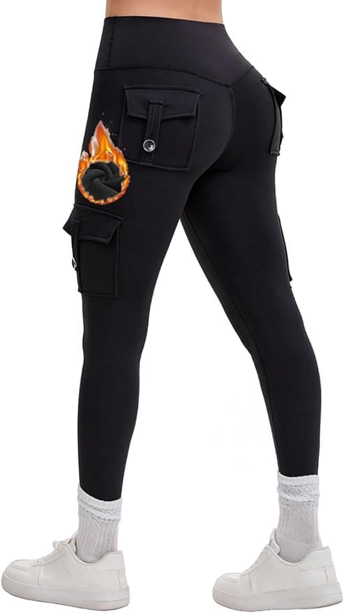 AEEZO Womens Fleece Lined Cargo Leggings with Pockets Thermal Butt Lifting Hidden Scrunch Cold Weather Yoga Pants