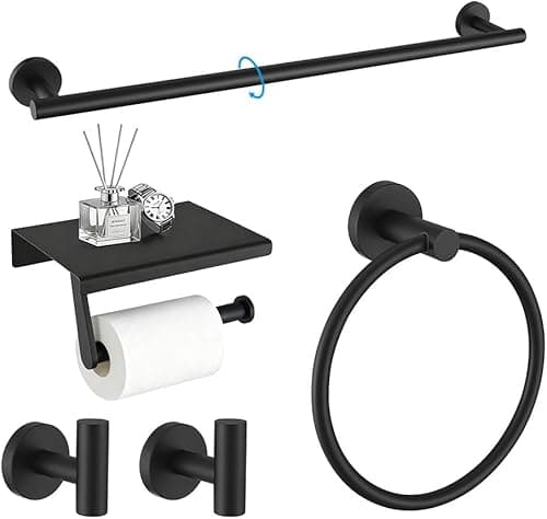 5-Piece Bathroom Hardware Set, Stainless Steel Towel Bar, Towel Ring, Toilet Paper Holder & 2 Hooks, Concealed Mounting, Rust-Resistant, Supports Up to 33 lbs, Matte Black Bathroom Accessories