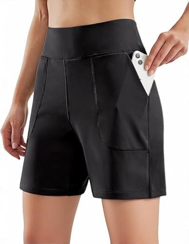 Women High Waisted Workout Yoga Shorts with Pockets 6" Bermuda Shorts Walking Running Casual