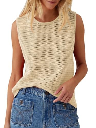 Saodimallsu Womens Crochet Tank Tops Summer Sleeveless Crew Neck Basic Mesh Knit Loose Pullover Sweater Vest Khaki