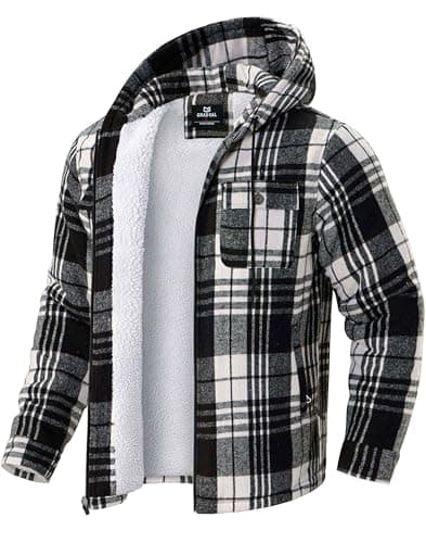 G Gradual Men's Flannel Jacket Fleece Sherpa Lined Hoodies Zip Up Plaid Shirt Warm Winter Jackets for Men with Zipper Pockets(Black,XL)