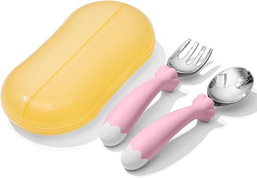 KINGSTONE Toddler Utensils with Case, Kids Silverware Set with Silicone Handles, 18/10 Stainless Steel Children Safe Forks and Spoons, Travel Carrying Cases BPA Free, Dishwasher Safe (pink)