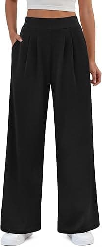 FireSwan Women's Wide Leg Pants Elastic High Waist Casual Palazzo Pants Trousers with Pockets