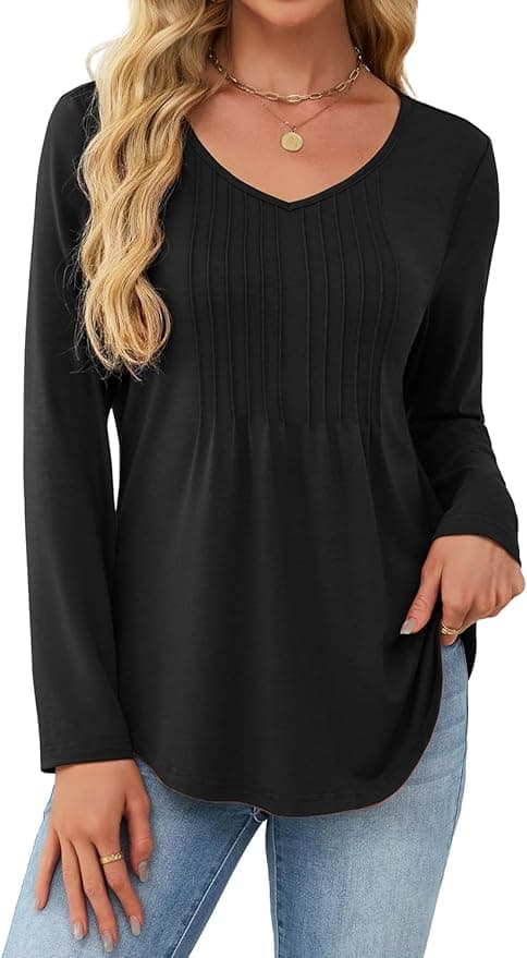 JUSTFASHIONNOW Long Sleeve Shirts for Women Dressy Casual Blouses Fall Tops Pleated V Neck Tunic Tops to Wear with Leggings