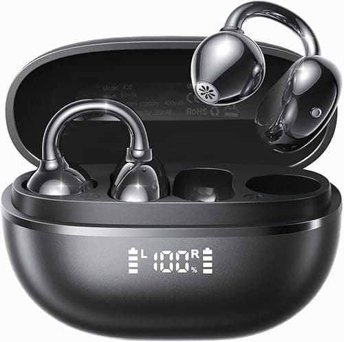 Kinglucky ClipFree A20 Open-Ear Earbuds, Secure & Comfort Fit, Premium Sound Clip-On Earbuds with Digital Display, 45H Playtime Bluetooth 6.0 Wireless Headphones, IP55 Waterproof for Running, Black
