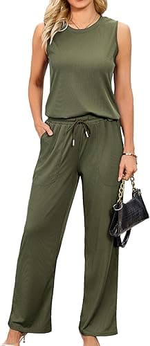 difficort Women's 2 Piece Outfits Sleeveless Ribbed Knit Top and Pants Lounge Sets Tracksuits with Pockets