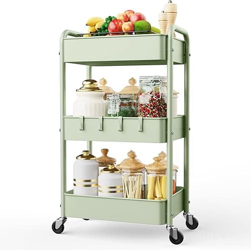 LEHOM 3 Tier Rolling Storage Cart, Metal Trolley Utility Cart with Wheels & Hooks, Easy Assembly Organizer Storage Cart for Bathroom Kitchen Office Bedroom
