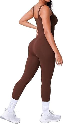 BRXL Built In Bra One Piece Jumpsuits for Women Square Neck Ribbed Sleeveless Seamless Rompers Bodysuits Casual Workout Gym