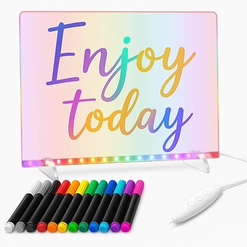 RGB LED Drawing Board with 12 Markers & 7 Lighting Modes for Kids Writing Note Message Tracing, Estranst 13.8”X10” Acrylic Dry Erase Pad