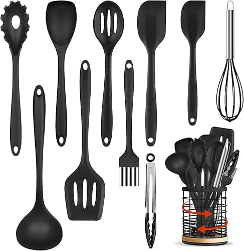 Silicone Kitchen Utensils Set with 360° Rotating 7.3'' Large Holder, Non Toxic Silicone Cooking Utensils Set for Cooking, Dishwasher Safe Kitchen Spatula Set, Heat Resistant, BPA Free, Black