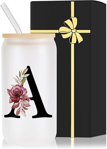 Monogrammed Glass Drinking Cup With Bamboo Lid Straw Customized Iced Coffee Tumbler 16oz Clear Mason Jar Beer Water Smoothie Cocktail Accessories Cool Cute Mug Gift Vasos De Vidrio Con Tapa Popote,A