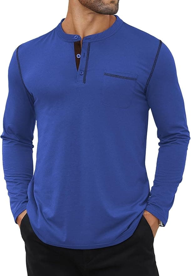 Hardaddy Color Contrast Henley Shirt Long Sleeve Button T-Shirt Henley Tshirt for Men Basic Pullover Shirt with Pocket