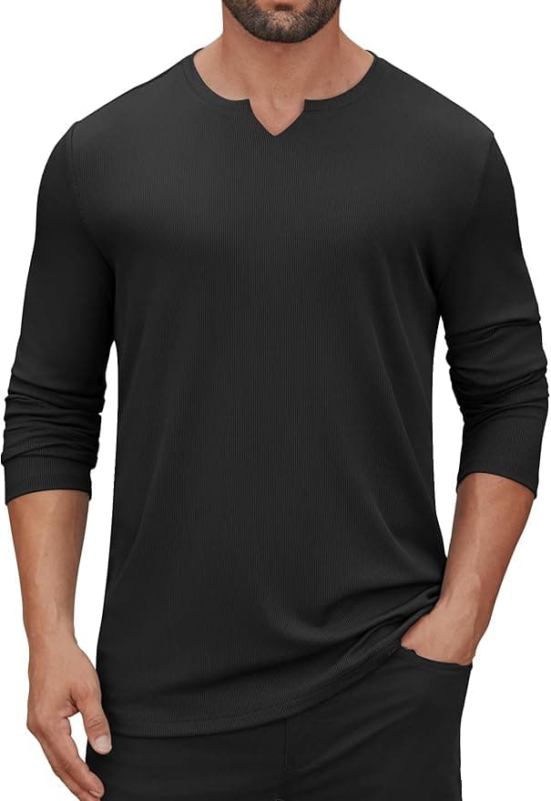Hardaddy Men's V Neck Long Sleeve Ribbed Casual T-Shirt Classic Basic Solid Tee Shirts