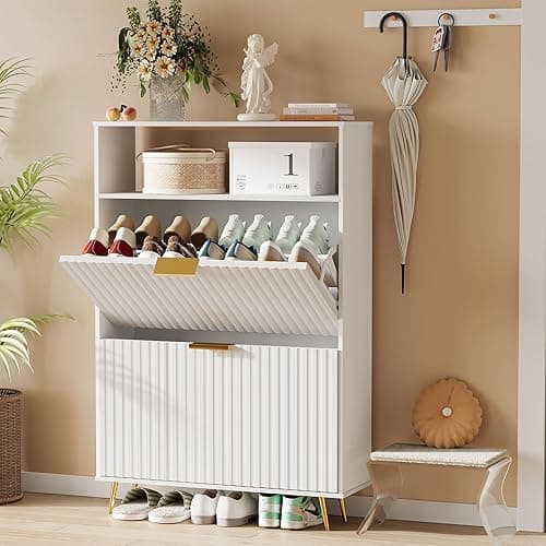 Urban Deco Shoe Storage Cabinet for Entryway, Wooden Organizer Shoe Cabinet with 2 Flip Drawers, Elegant 2 Tier Freestanding Shoe Organizer (White)
