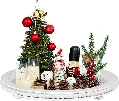 Urban Deco Decorative Trays for Home Decor, Round Wooden Trays for Coffee Table, White Stripes Tray for Living Room, Kitchen, Farmhouse Centerpiece Decor (1-Pk)