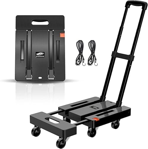 SPACEKEEPER Folding Hand Truck, 500 LB Heavy Duty Luggage Cart, Utility Dolly Platform Cart with 6 Wheels & 2 Elastic Ropes for Luggage, Travel, Moving, Shopping, Office Use, Black