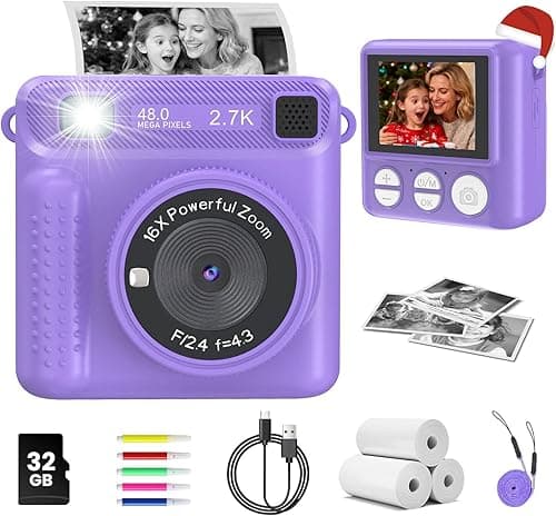 Kids Camera Instant Print, 1080P HD Digital Video Recorder with 32GB SD Card, Christmas Birthday Gifts for 3-12 Year Old Girls and Boys, Portable Toy for Toddlers and Kids (Purple Pro)