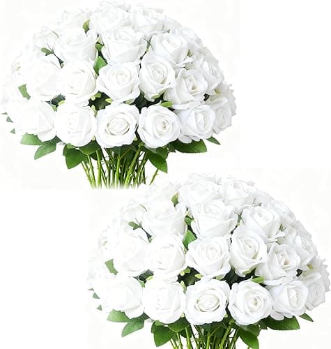 Kenpal 60pcs Realistic Fake Roses Artificial Flowers with Stem for Decoration Floral Arrangement Centerpieces Wedding Bouquets (60, White)