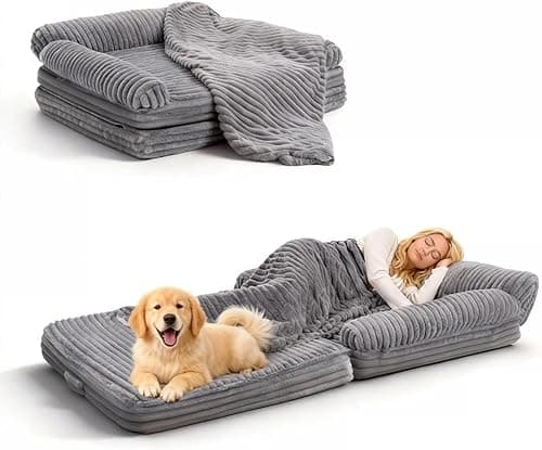 Foldable Human Dog Bed for Adult, Fluffy Faux Angora Human Sized Pet Bed with Blanket, Orthopedic Dog Bed with Egg Foam and Water Repellent Liner (Light Grey (Foldable), 72" Length)