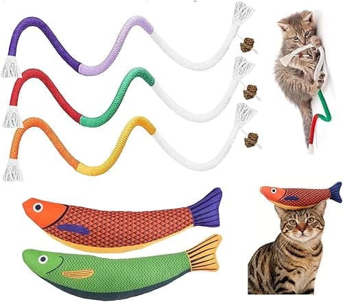 Cat Chew Rope Toy,Catnip Saury Fish Toys,Cats Interactive Toys for Teeth Cleaning,5Pcs Cat Toys for Indoor Cats with Refillable Natural Catnip(5Pcs Cat Toys)